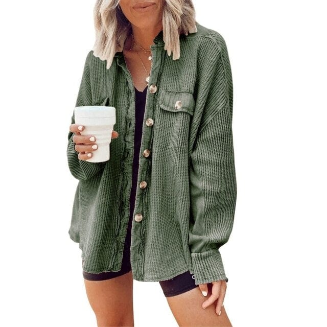 Camisa de pana para otoño - Blusa oversize de franela acanalada para mujer